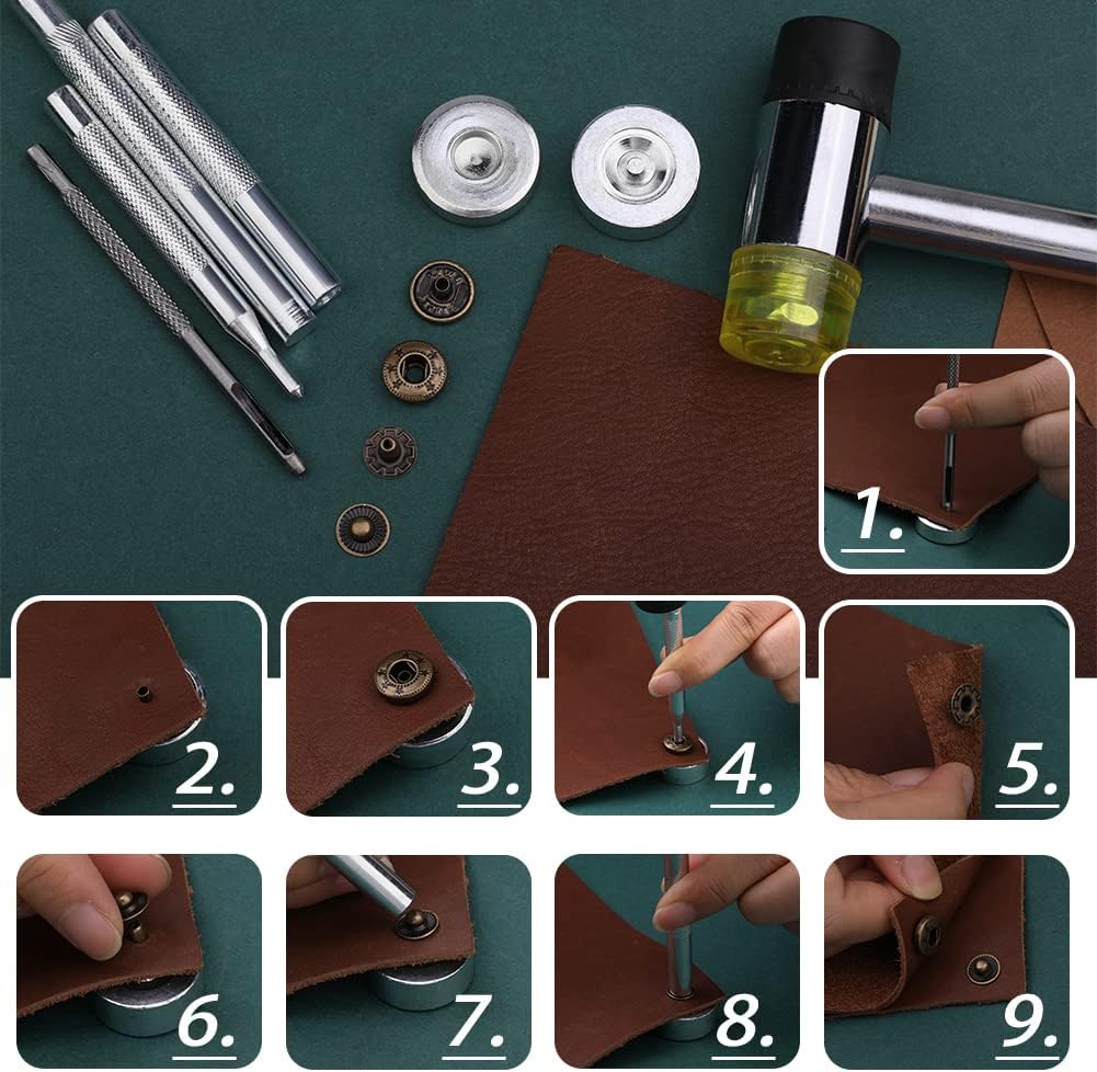 Yizzvb 320 Pcs Leather Rivets Kit， 60 Pcs Leather Snap Fasteners， 2 Size Leather Rivets Double Cap Rivet Kit， Double-Sided Nylon Hammer， 5 Pcs Installation Tools for Leather DIY Projects - Image 5